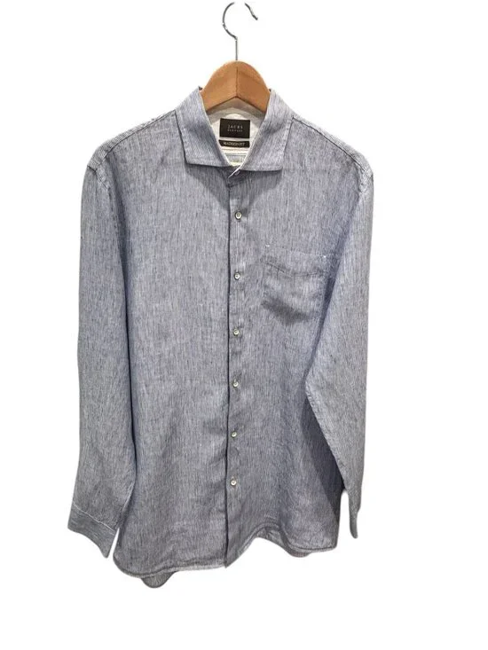 Jachs NY Blue Stripe Button Shirt Linen Blend Madison Fit Mens Large - Picture 2 of 11